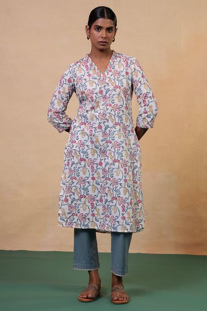 Folksong Whisper White Floral Mirror Work Cotton Straight Kurta