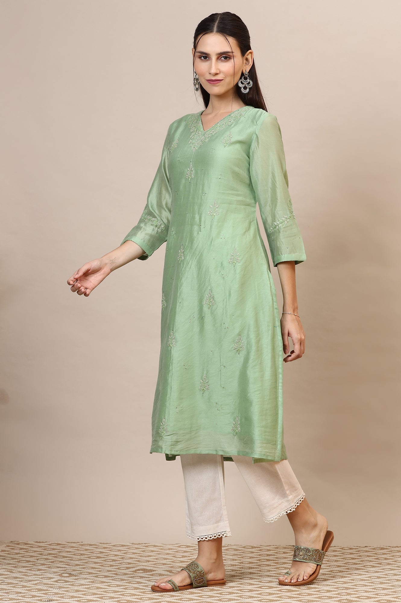 Sage Green Chikankari Kurta In Cotton Silk