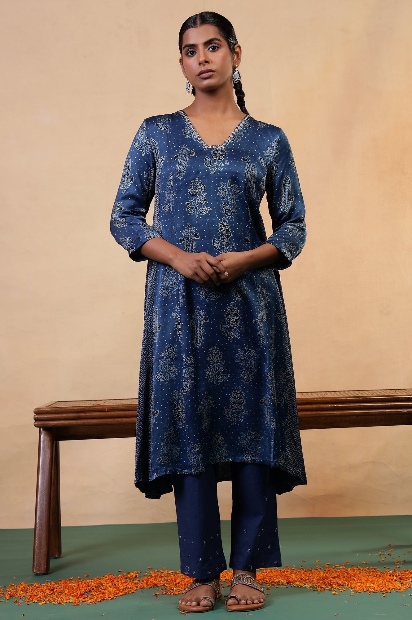 Folksong Indigo Floral Metallic Embroidered Viscose Flared Ajrakh Kurta_1