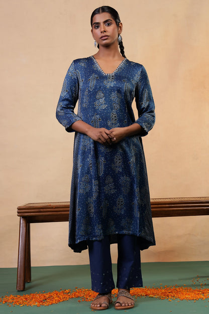 Folksong Indigo Floral Metallic Embroidered Viscose Flared Ajrakh Kurta_1