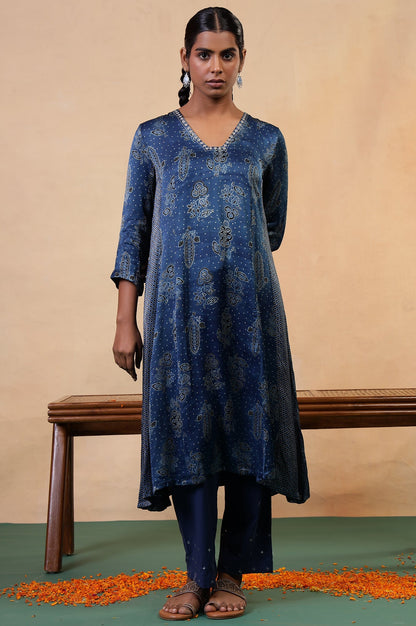 Folksong Indigo Floral Metallic Embroidered Viscose Flared Ajrakh Kurta_2