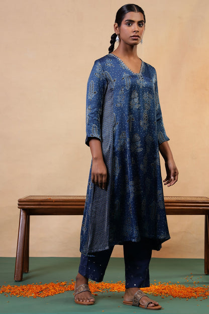 Folksong Indigo Floral Metallic Embroidered Viscose Flared Ajrakh Kurta_3