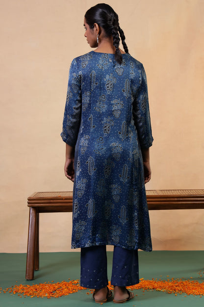 Folksong Indigo Floral Metallic Embroidered Viscose Flared Ajrakh Kurta_5