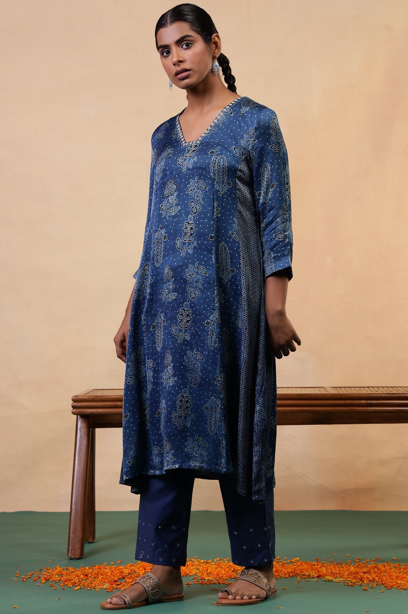 Folksong Indigo Floral Metallic Embroidered Viscose Flared Ajrakh Kurta_6