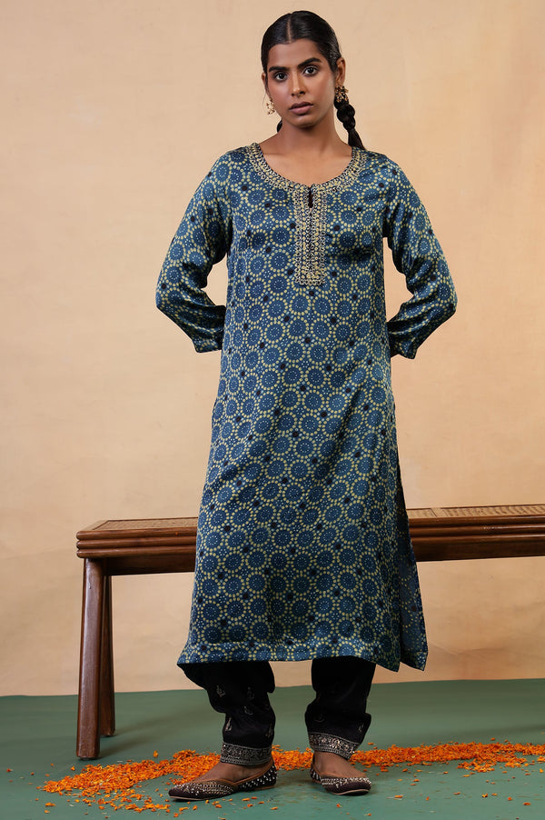 Folksong Indigo Viscose Straight-Fit Geometric Ajrakh Print Kurta