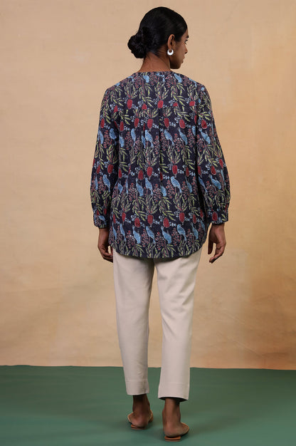 Folksong Navy Blue Cotton Straight-Fit Tropical Hand Block Printed Top