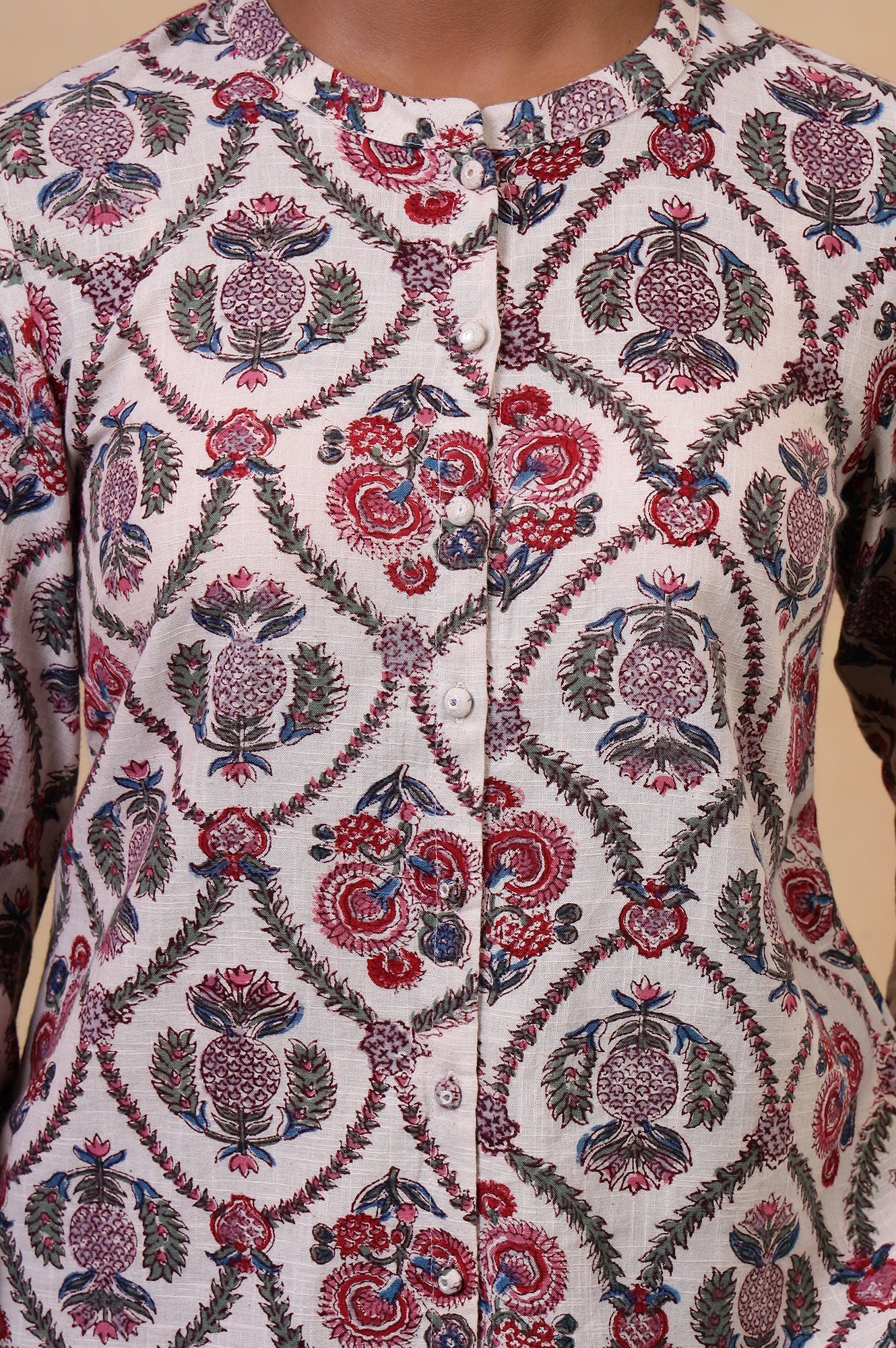 Folksong Ecru Floral Fabric Origami Hand Block Printed Cotton Tunic