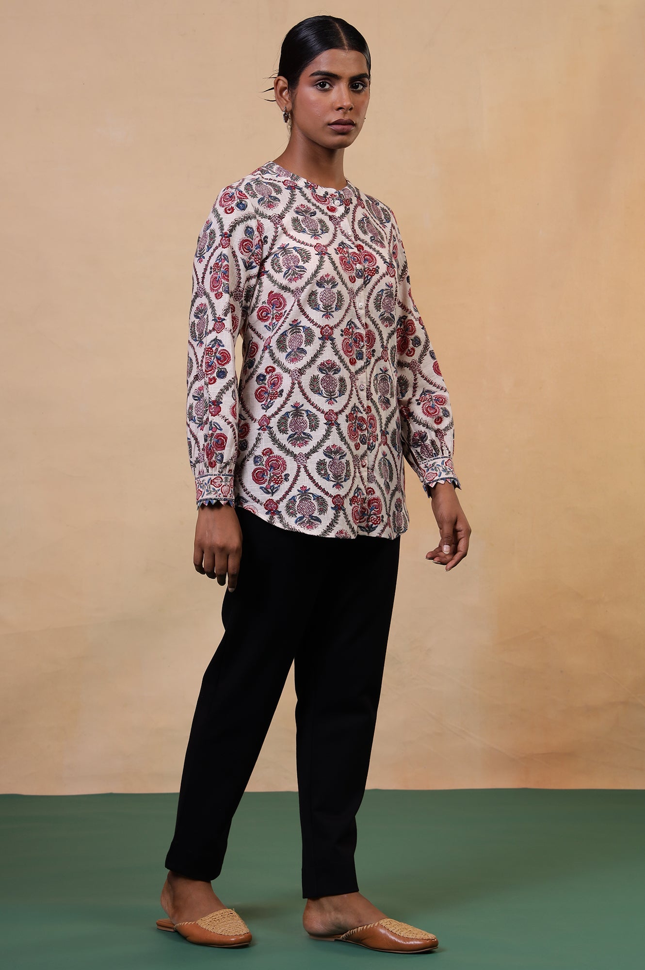 Folksong Ecru Floral Fabric Origami Hand Block Printed Cotton Tunic