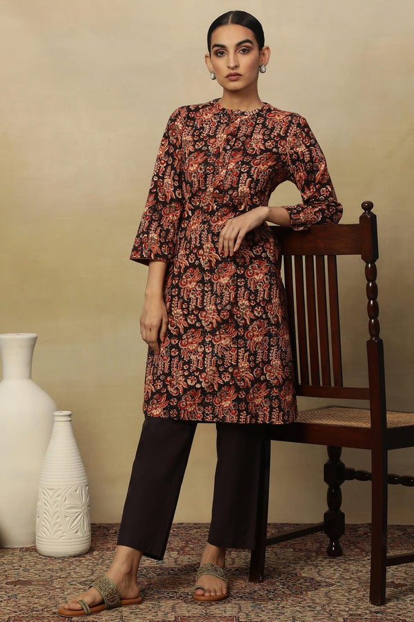 Black Kalamkari Printed Straight Kurta in Cotton Slub