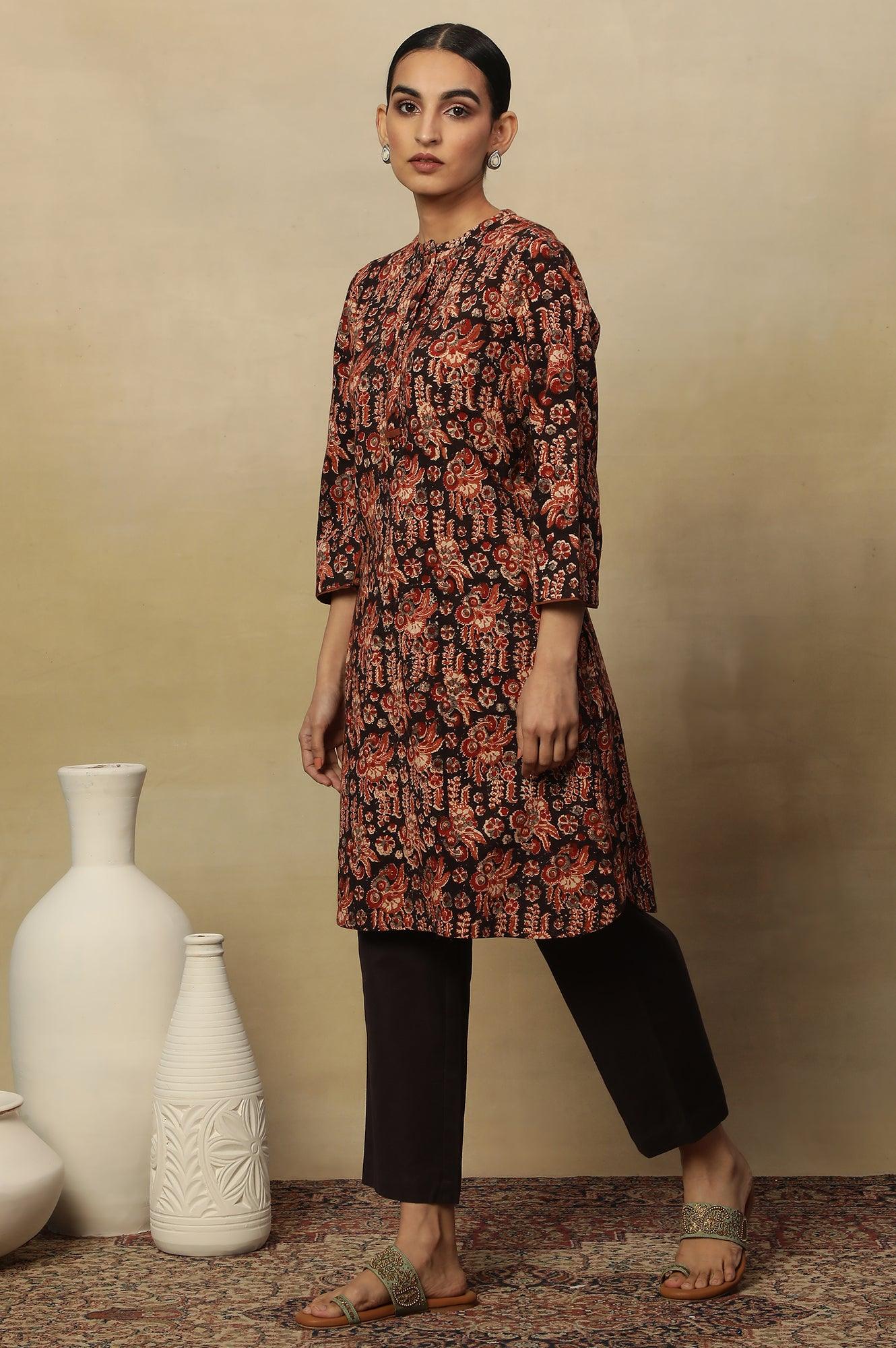 Black Kalamkari Printed Straight Kurta In Cotton Slub - wforwoman