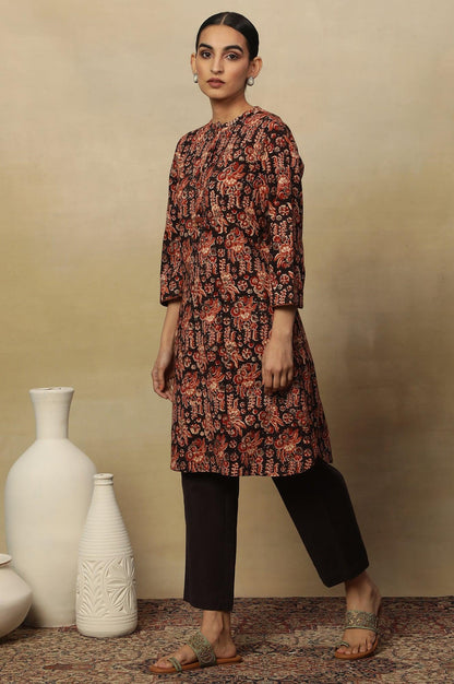 Black Kalamkari Printed Straight Kurta In Cotton Slub - wforwoman