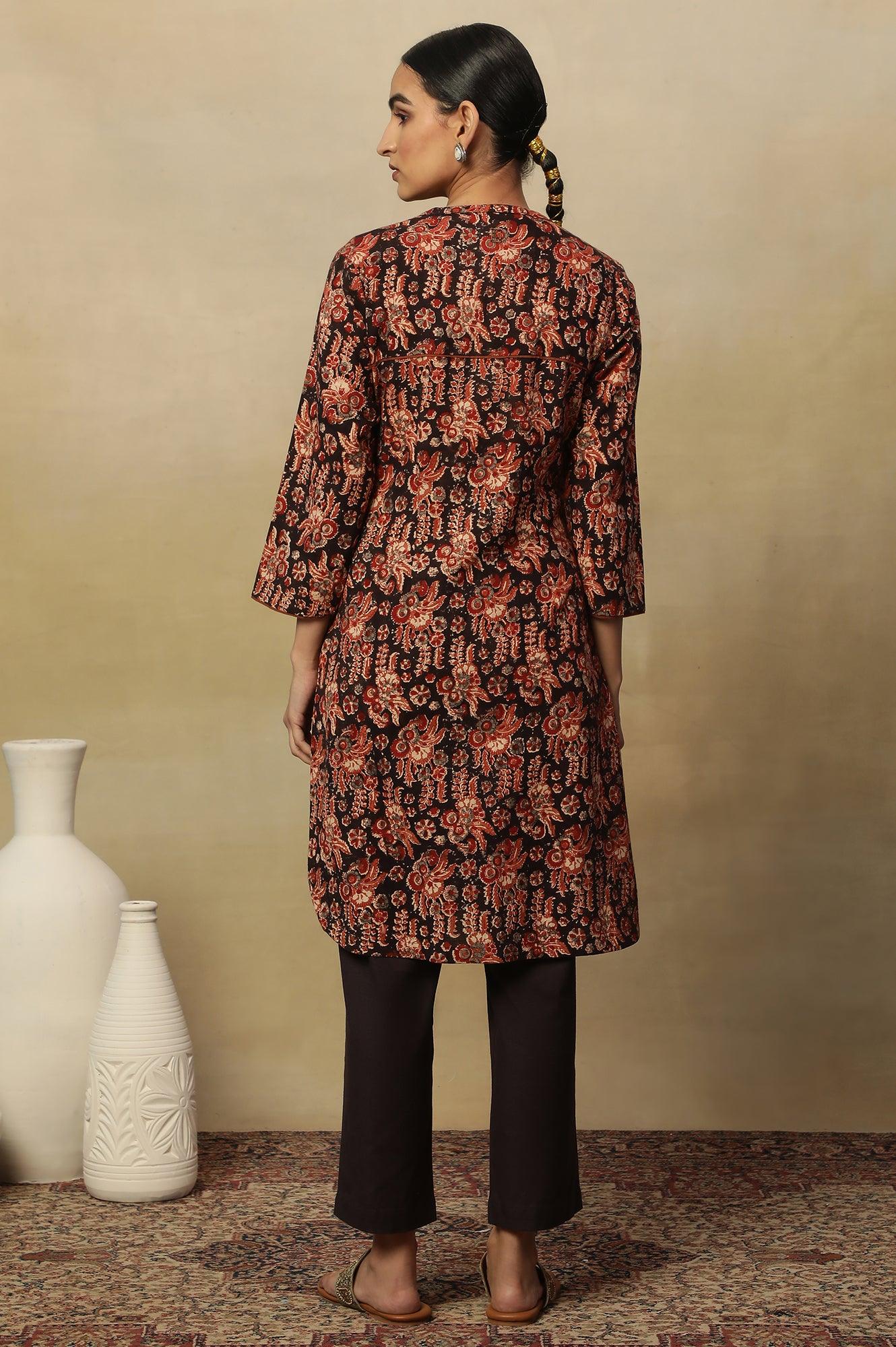 Black Kalamkari Printed Straight Kurta In Cotton Slub - wforwoman