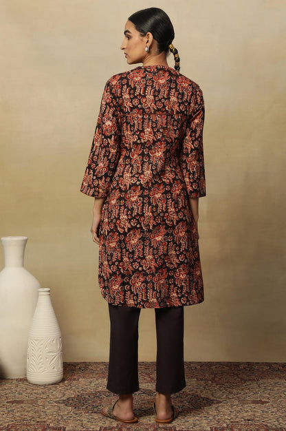 Black Kalamkari Printed Straight Kurta In Cotton Slub - wforwoman