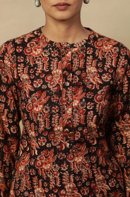 Black Kalamkari Printed Straight Kurta In Cotton Slub - wforwoman