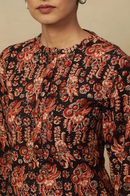 Black Kalamkari Printed Straight Kurta In Cotton Slub - wforwoman