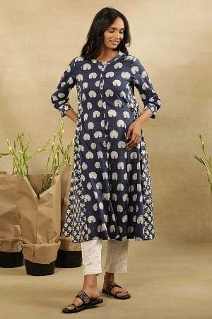 Dark Blue Dabu Block Printed Shirt Dress Kurta In Cotton Voile