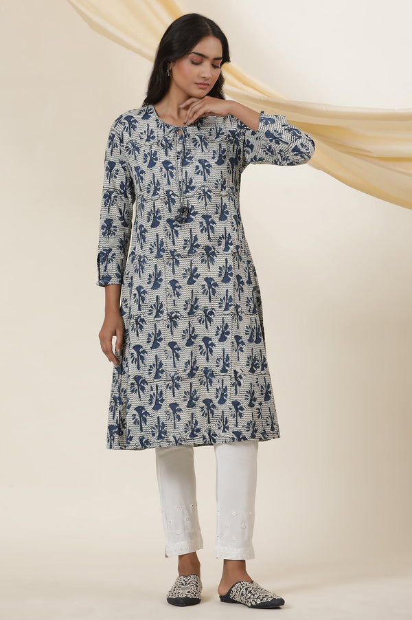 Indigo Block Printed Round Neck Kurta