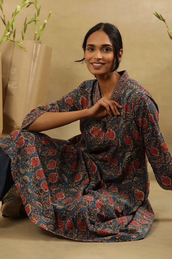 Blue & Red Block Print V-Neck Panelled Kurta