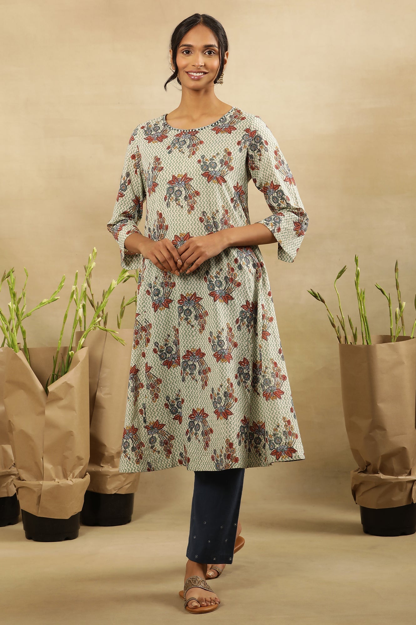 Hand Block Print A-Line Kurta In Cotton Voile