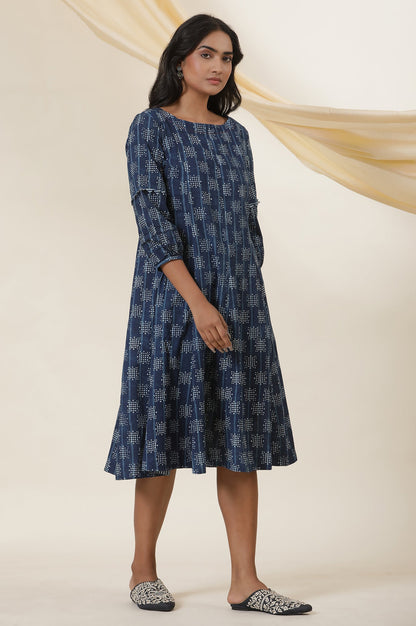 Indigo Dot Print Round Neck Flared Dress