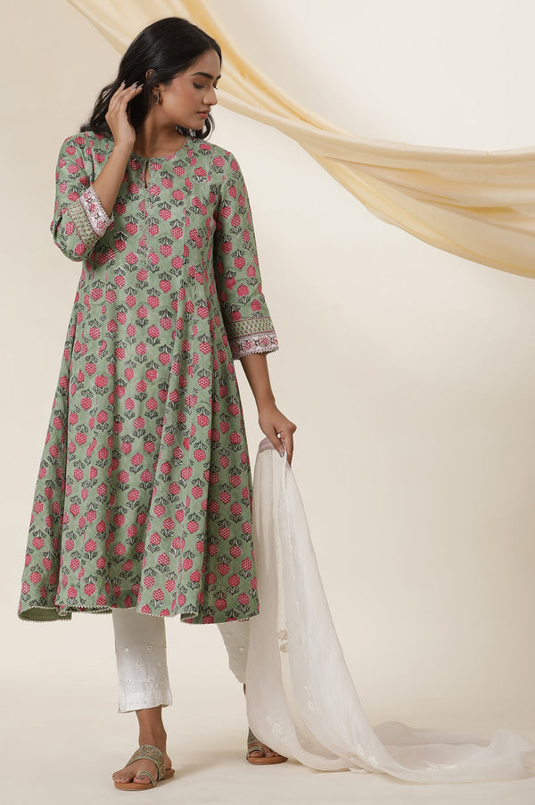 Green Buti Block Print Panelled Kurta