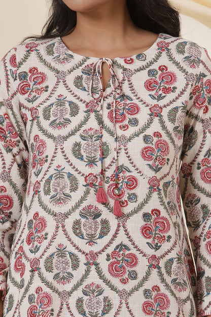 Ecru Cotton Slub Kurta In Multi-Colured Block-Print With Neck-Tie Up