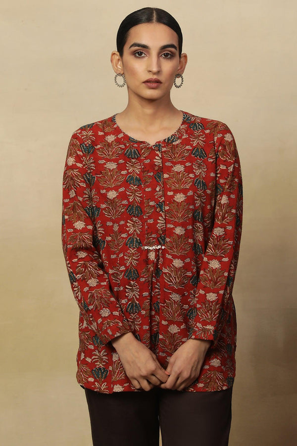 Brick Red Floral Block Print Kurta With Half Placket
