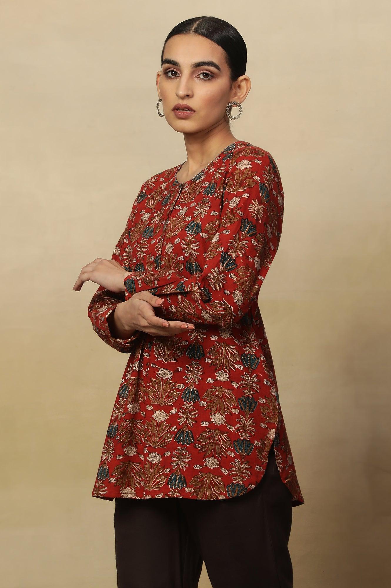 Brick Red Floral Block Print Kurta With Half Placket - wforwoman