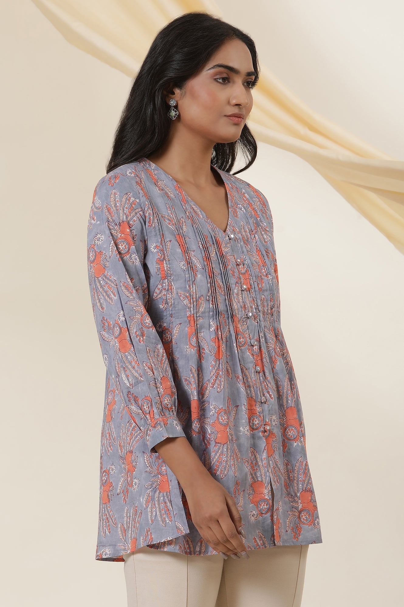 Blue Cotton Multi-Coloured Block Print Pleated Top