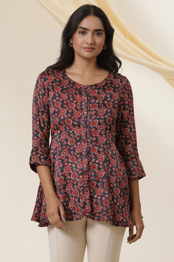 Red & Blue Printed Round Neck Flared Top