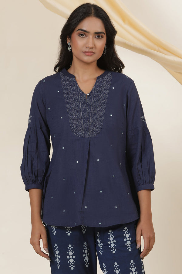Indigo Blue Embroidered Cotton Slub Top