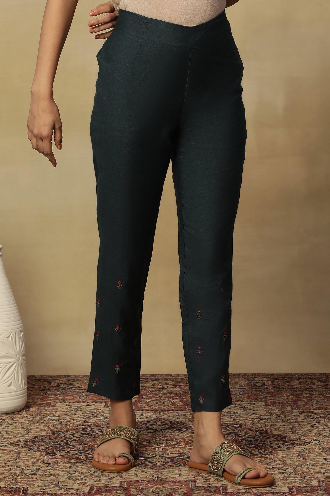 Teal Blue Embroidered Slim Pants - wforwoman