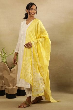Yellow Cotton Silk Jacquard Drape With Bead Hangings