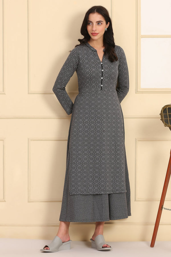 Grey Geometric Printed Yarn Dyed A-line Winter Dress