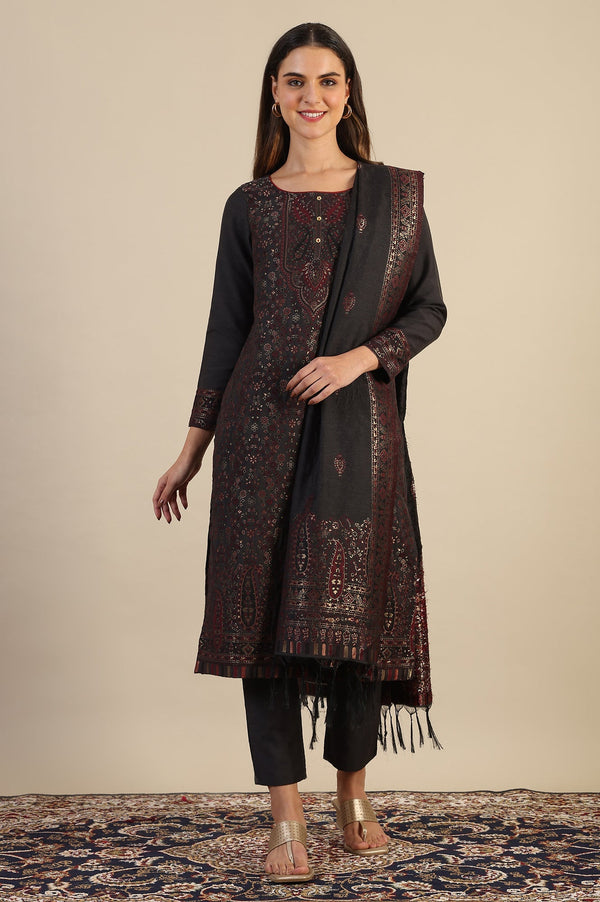 Grey Yarn Dyed Straight Kurta & Straight pant with Shawl Set