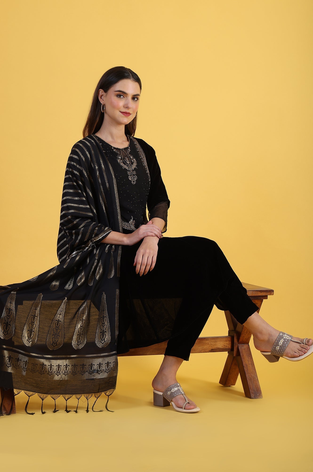 Black Solid Metallic Embroidery Flared Kurta &amp; Straight pant with Dupatta Set_1
