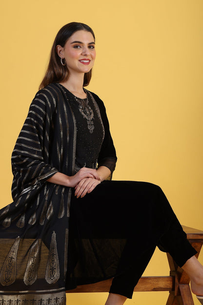 Black Solid Metallic Embroidery Flared Kurta &amp; Straight pant with Dupatta Set_2