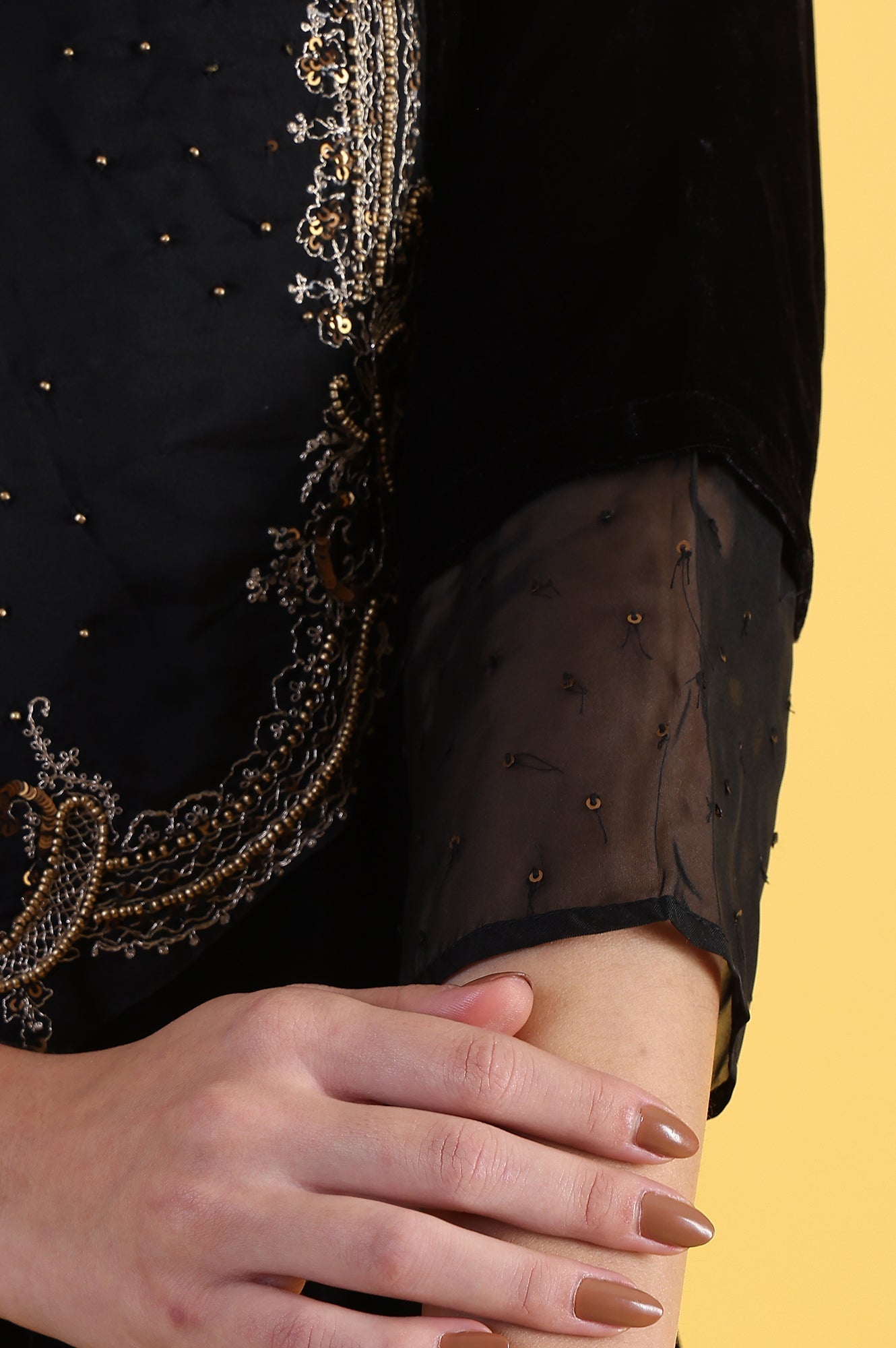 Black Solid Metallic Embroidery Flared Kurta &amp; Straight pant with Dupatta Set_7