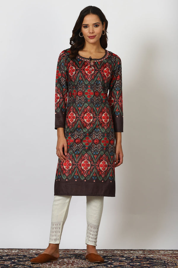 Multicolour Printed Mirror Work Straight Kurta