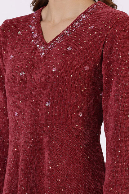 Maroon Solid Sequins Flarred Dresses