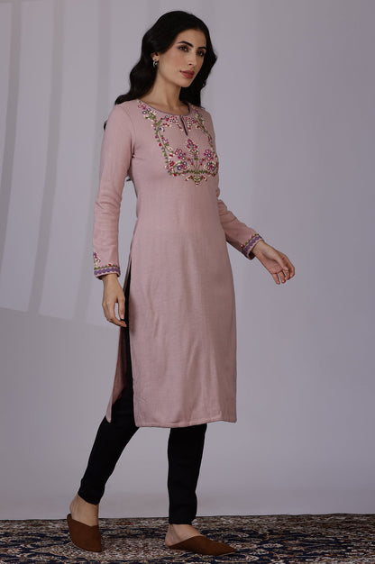 Pink Embroidered Thread Work Acrylic Straight Kurta
