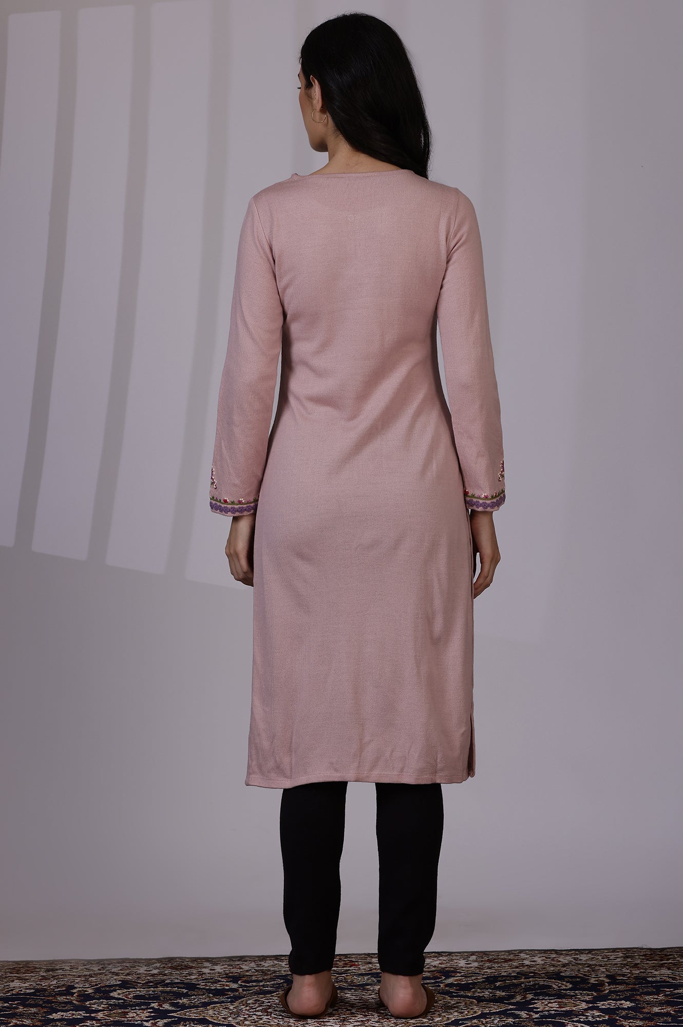 Pink Embroidered Thread Work Acrylic Straight Kurta