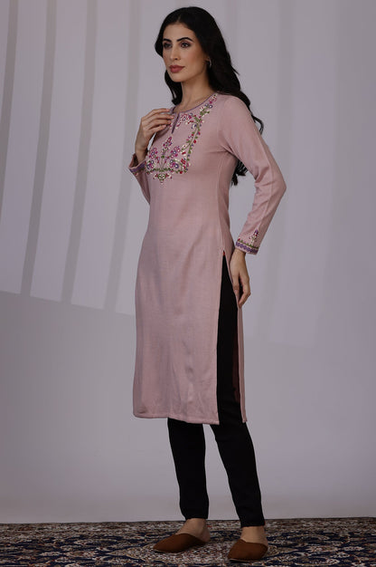 Pink Embroidered Thread Work Acrylic Straight Kurta