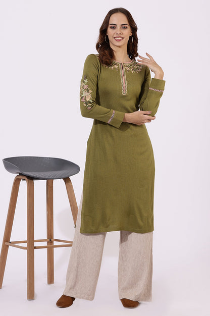 Green Embroidered Thread Work Acrylic Straight Kurta