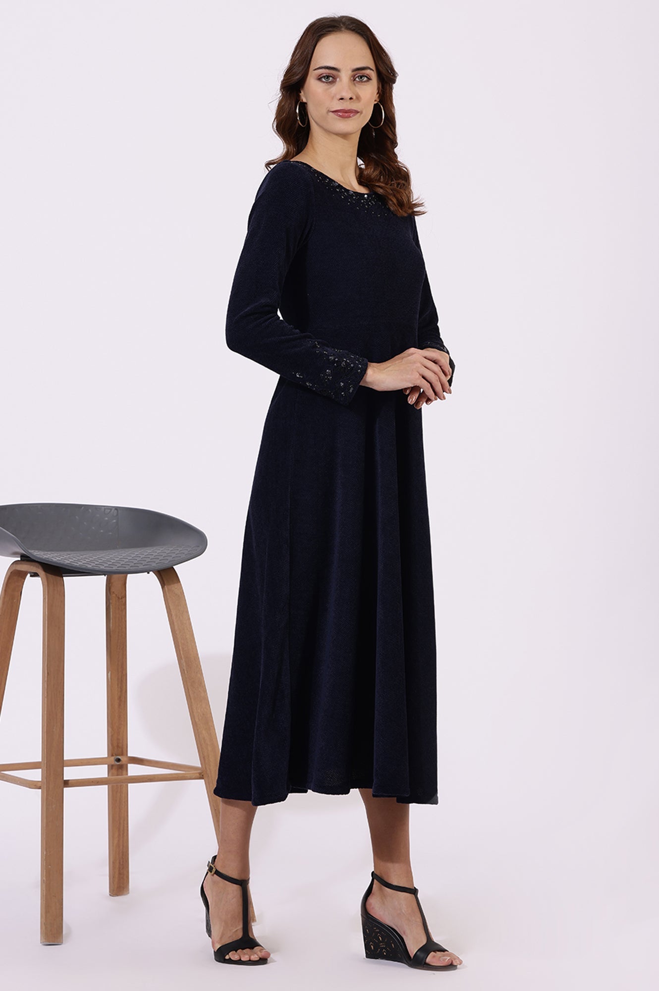 Blue Embroidered Sequins Flarred Dresses