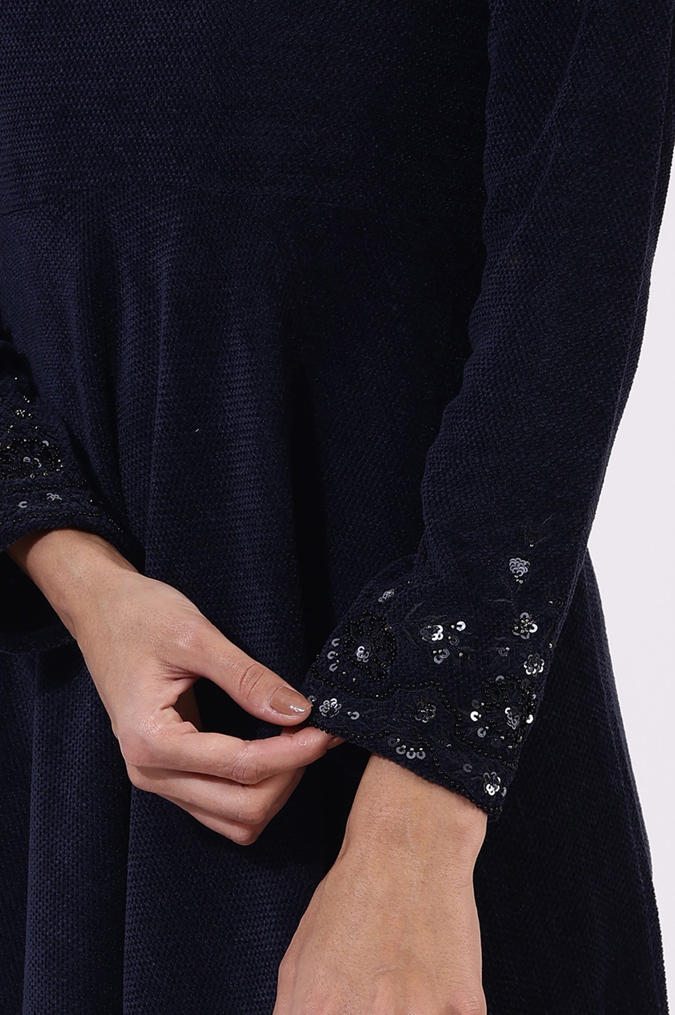 Blue Embroidered Sequins Flarred Dresses