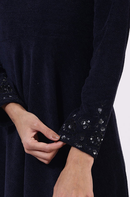 Blue Embroidered Sequins Flarred Dresses