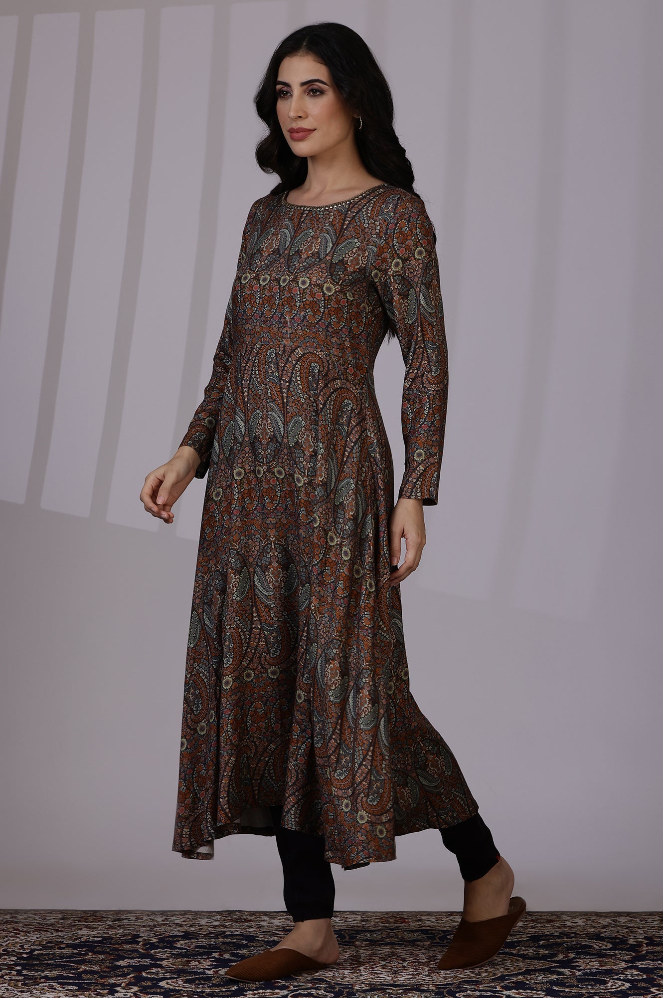 Multicolour Printed Beads Flarred Dresses