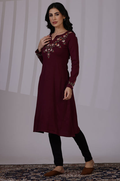 Purple Solid Thread Work Acrylic A-Line Kurta