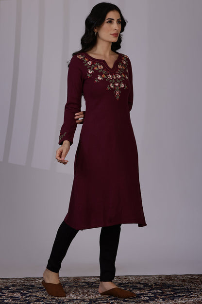Purple Solid Thread Work Acrylic A-Line Kurta